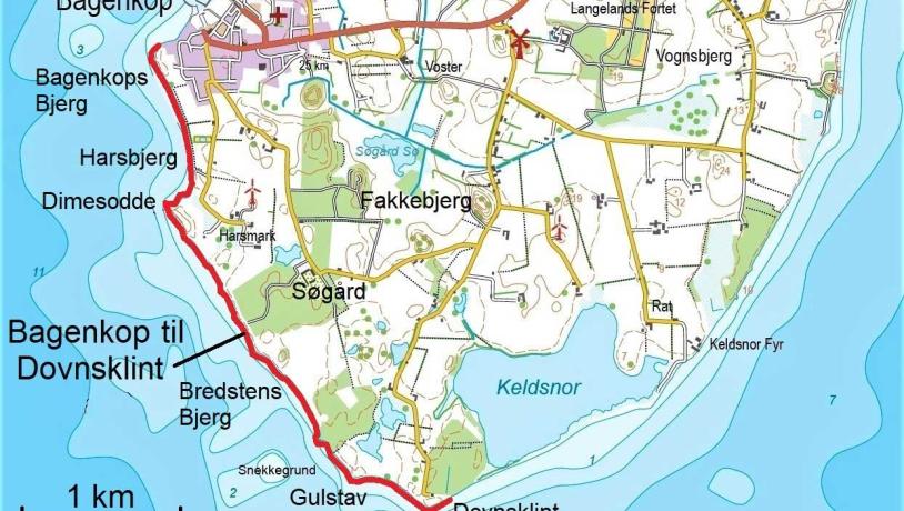 Kort - Kystrækningen mellem Bagenkop og Dovnsklint. Geopark Det Sydfynske Øhav.