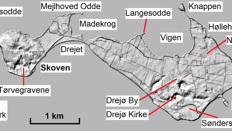 Skyggekort over Drejø med stednavne. Geopark Det Sydfynske Øhav.