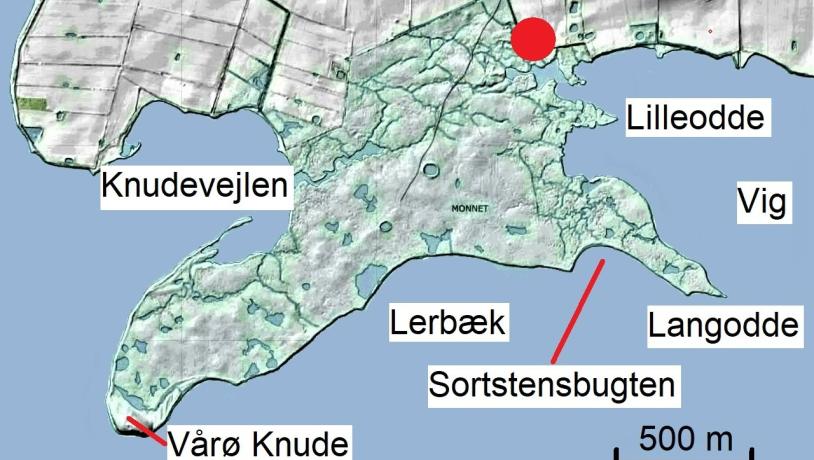Skyggekort over Monnet. Den røde prik markerer fugletårnet. Geopark Det Sydfynske Øhav
