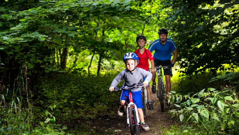 Far og to børn på mountainbike i skoven