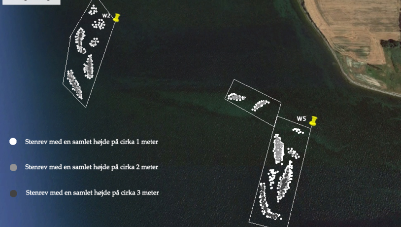 Kort med indtegning af placering af stenrev ud for Drejø