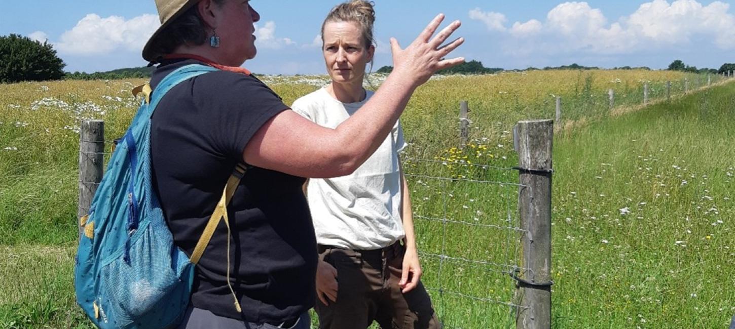 To personer i dialog om Rewilding på Naturdestination Skovsgaard