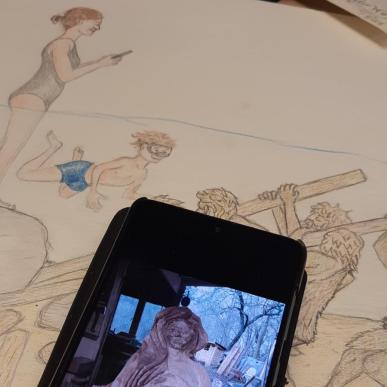 Tegning og træfigur i proces i projektet nautisk skulpturleg